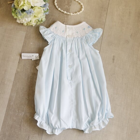 Smocked Blue and White Heirloom Romper Boutique Pin Tucks Bullion Embroidery NWT - Picture 5 of 5